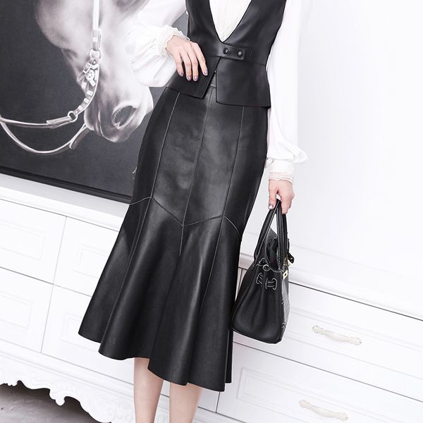 

skirts leather spring autumn women's high waist fishtail design skinny hips midi sheepskin midskirt female 230420, Black