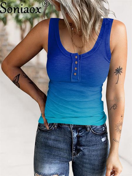 

camisoles tanks women sleeveless u-neck casual vest gradient print slim t-shirt new summer threaded button ladies tank 230420, Black;white