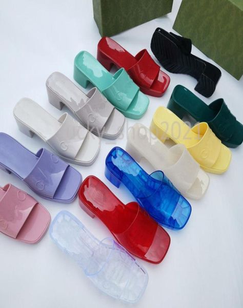 

2021 with box women high heel rubber slide sandal 55cm platform slipper pink green candy colors outdoor beach slides slider slipp5539732, Black