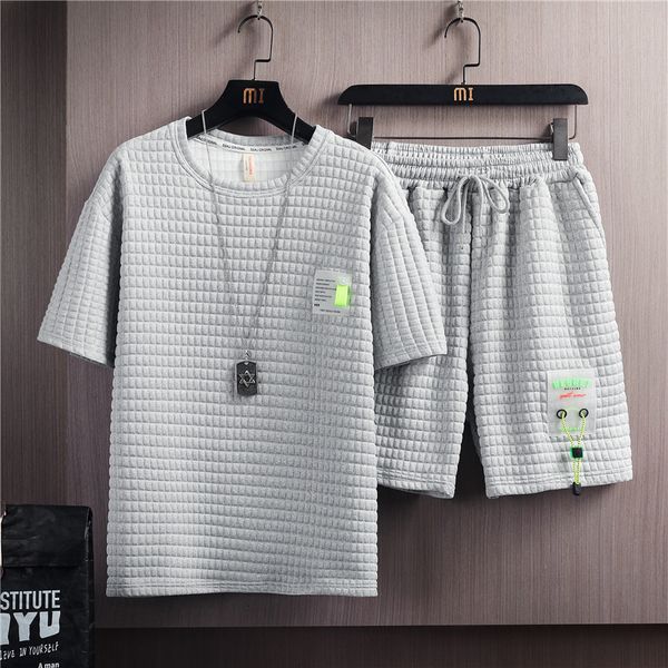 

men's tracksuits summer style trend versatile solid color casual waffle suits short sleeve tshirt shorts male set size m3xl 230419, Gray