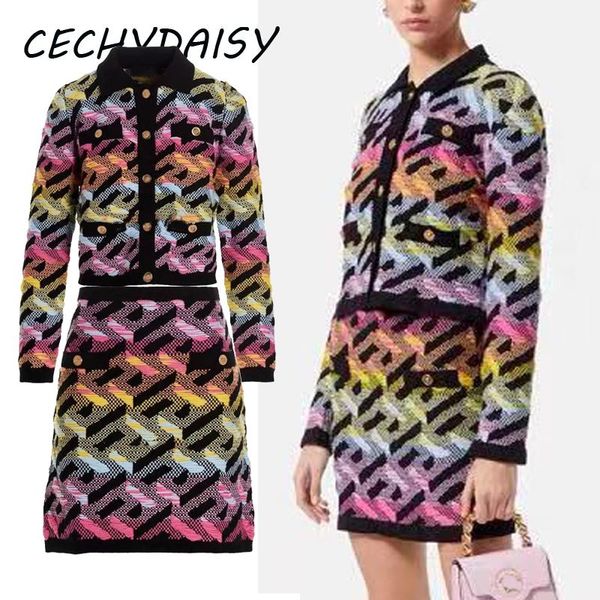 

dress two piece vintage sweater skirt set women autumn high street fashion single breasted casual button up traf clothes suit outfits, White