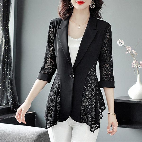 

pants spring summer women 3/4 sleeve black sun protection clothing hollow lace slim blazer office ladies work wear e117, White