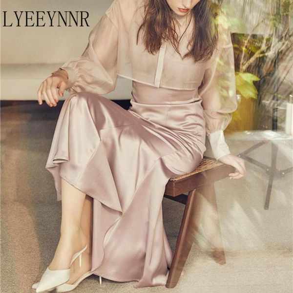 

dress lyeeynnr japan style matching sets turn down collar see through blouse slim waist spaghetti strap dress elegant two piece set, White