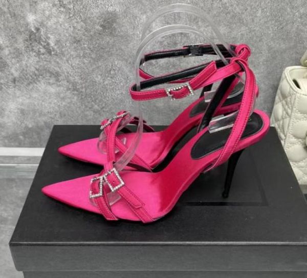 

2022 summer latest fashion shallow mouth pointed sandals luxury satin women039s ultrahigh heel buckle thin heel roman open toe8450643, Black