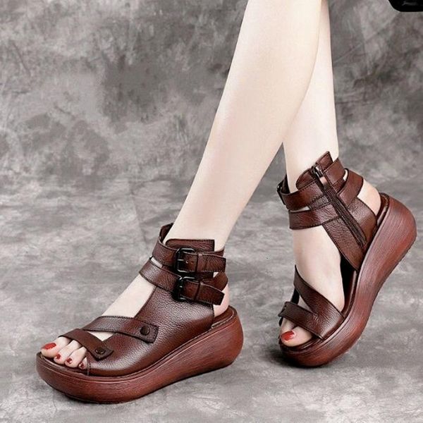 

sandals women summer sandals mid heels wedges shoes ladies vintage leather plus size 40 sandalias mujer sapato feminino fashion footwear 230, Black