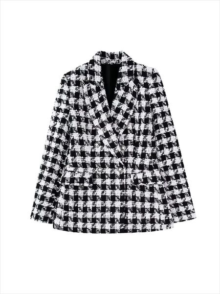 

pants women fashion houndstooth plaid full sleeves blazer coat 2022 new flap pockets double breasted office lady female outerwear, White