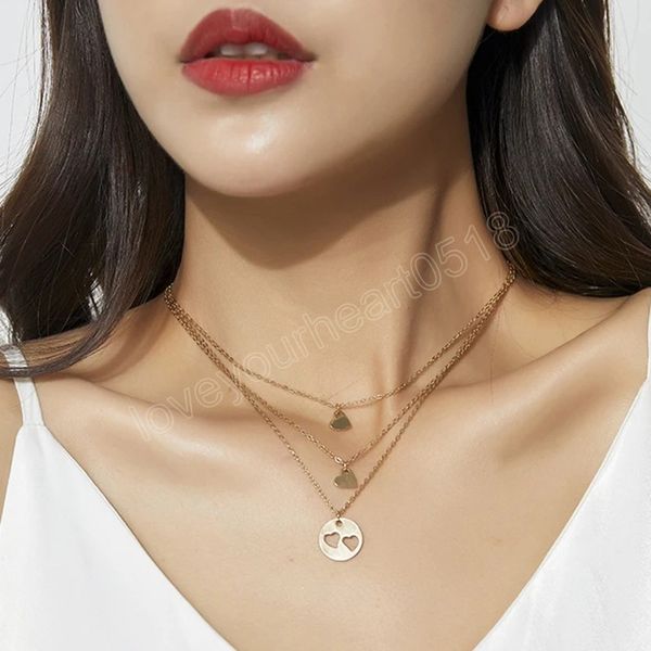 

cute simple heart collar choker pendant necklace for women round layered gold color chain necklace vintage female jewelry gift, Silver