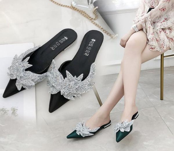 

2018 selling slippers heavy beading sequined pointed toe satin slides flat mules summer fashion shoes women4854056, Black