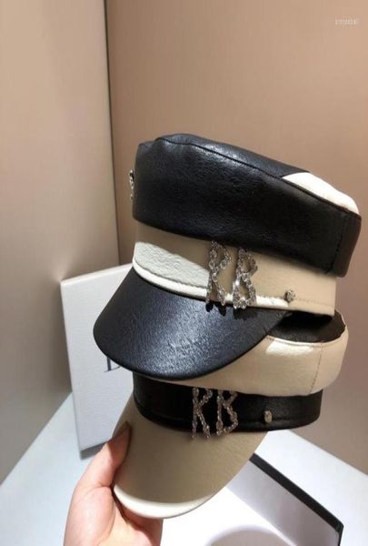 

berets fashion black white hats women winter military hat pu navy cap rhinestones casual caps internet celebrity beret tide sailor7489515, Blue;gray