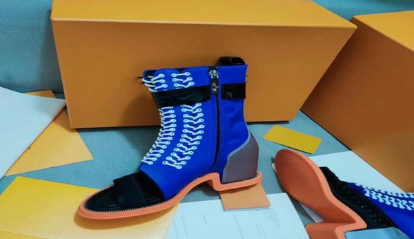 

moonlight half boot designer luxury women open toe boots chunky heel blue satin rubber outsole laceup boots6312501, Black