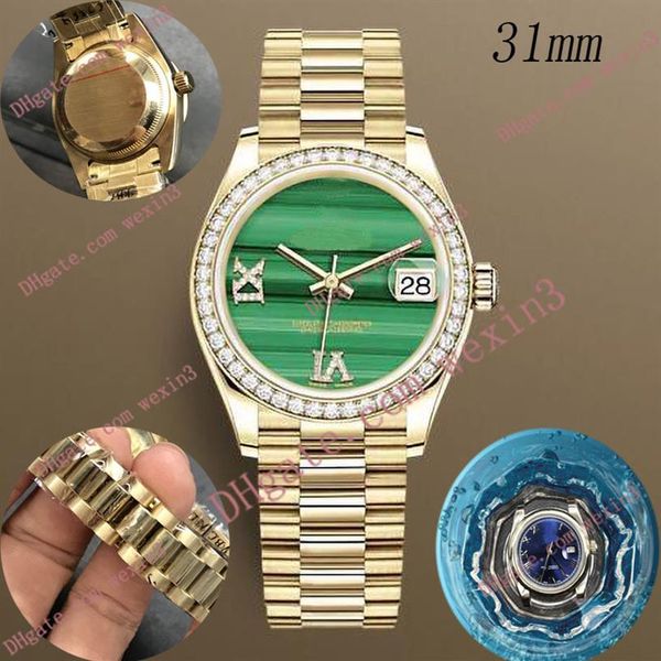 

deluxe woman watch 31mm mechanical automatic diamond frame presidents bracelet green striped face montre de luxe 2813 steel waterp3213, Slivery;brown