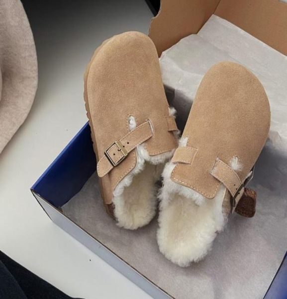 

2022 real leather boston winter clog slipper warm casual shoes clogs slippers fur furry flats mules plush fleece loafers for men w6497625, Black