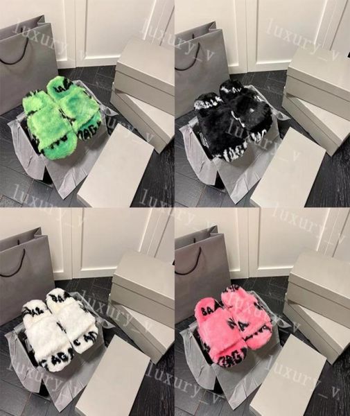 

designer women slippers luxury ladies winter wool slides fur fluffy furry slipper warm letters sandals comfortable fuzzy girl gree5375815, Black