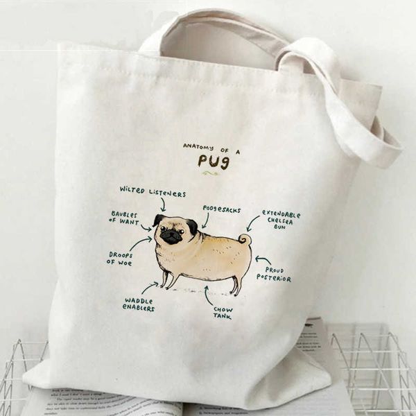 

shopping bags pug cute bulldog printed canvas bag one shoulder backpack student casual women's harajuku portable shopping bag