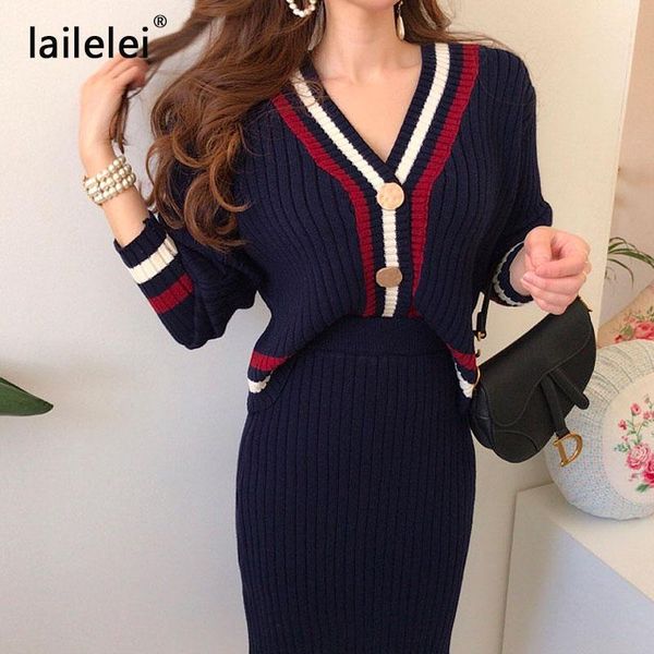 

dress chic bump color stripe edge vneck knitting cardigan skirts twopiece outfit, White