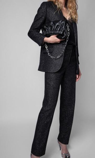 

pants 2022ss woman black grey tweed blazer lurex detail single button long sleeves suit with matching pants fashion set, White