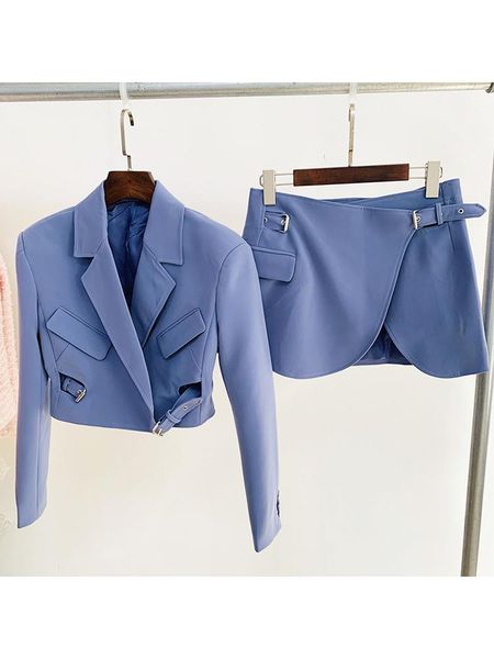 

dress high street star style 2022 runway designer suit set belted short blazer mini skirt suit, White
