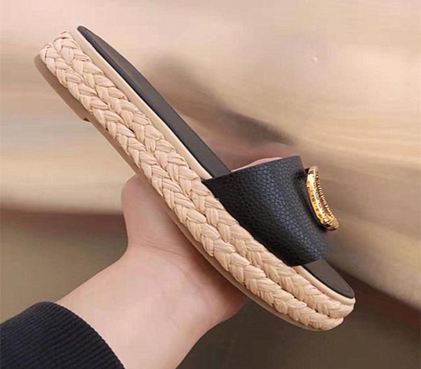 

classic fashion designer women039s slippers thick soled hemp rope platform letter leather sandals slide beach shoe6496019, Black