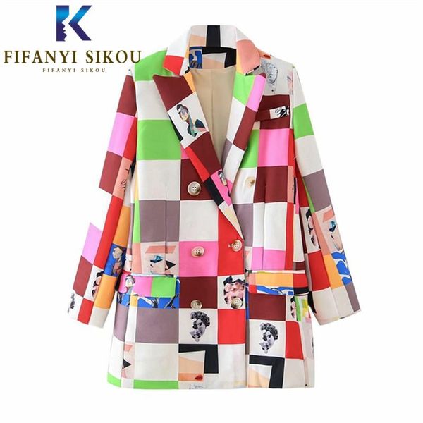 

pants 2020 autumn women plaid blazer jacket double breasted lapel fashion print suit jacket streetwear loose womens chic blazers coat, White