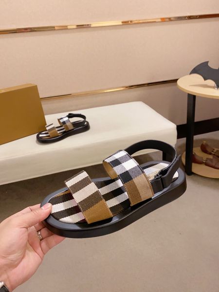 

designers summer men sandal plaid canvas leather luxury design electric sandals strap flats comfortable soft leather sandalies light sole 38, Black