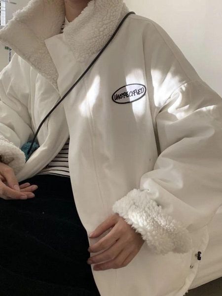 

leather oversize jacket women winter warm coat ladies both sides wear lamb velvet cotton clothing female fashion zipper abrigo mujer, Black