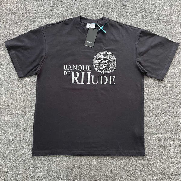 

designer fashion clothing tees hip hop tshirts rhude bank slogan loose fitting short sleeved t-shirt men women trendy sign streetwear sport, White;black