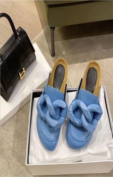 

2021 brand design gold chain women slipper closed toe slip on mules shoes round toe low heels casual slides flip flop3942655, Black