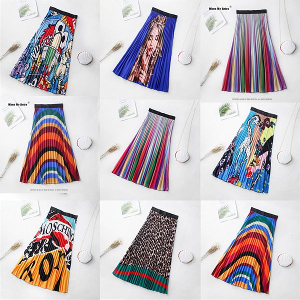 

skirts pleated women summer rainbow print party holiday fashion brand long cartoon pattern a line midi rs026 230420, Black