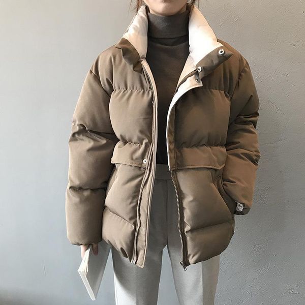 

leather solid color loose bread cotton coat women's autumn and winter new warm cotton padded puffer long sleeve parkas jacket female, Black