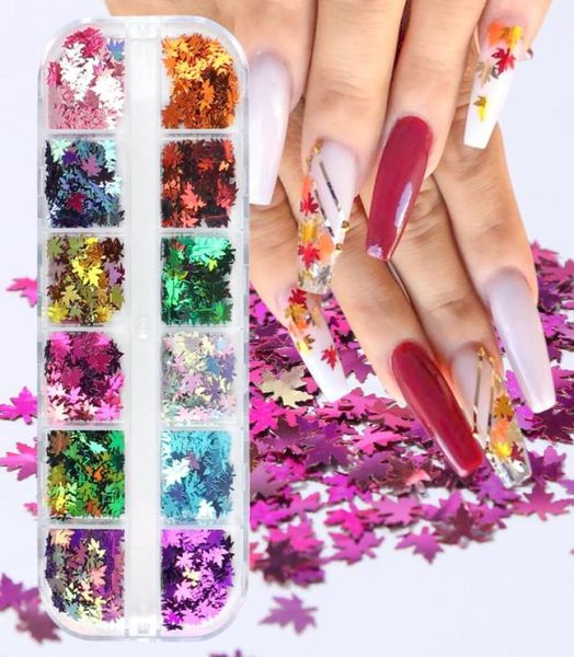 

12 gridsset nail sparkly flakes fall maple leaves glitter sequins for nail art decorations decals polish accessories4034240, Silver;gold