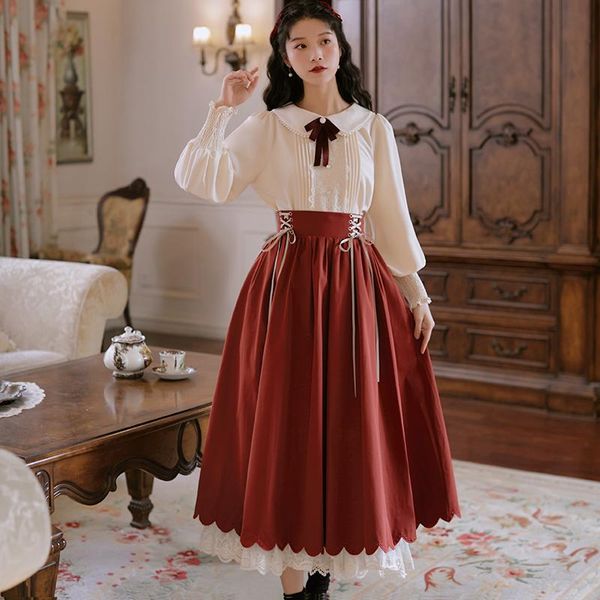 

dress japanese style kawaii bowtie shirt skirt 2pcs set cute peterpan embroidery women blouse bandage aline double lace layer faldas, White