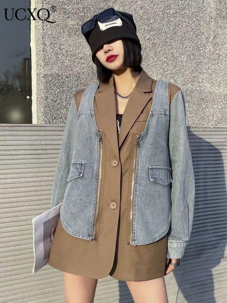 

pants ucxq denim patchwork blazers coats women winter 2022 streetwear zip up contrast color notched long sleeve suit jacket autumn, White