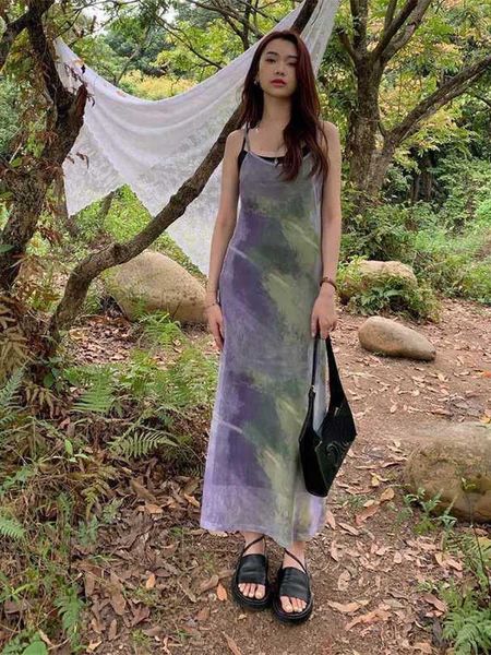

casual dresses vintage tie dye print mesh dress women y2k spaghetti strap maxi dresses korean fashion 2 piece set robe vestidos de mujer j23, Black;gray