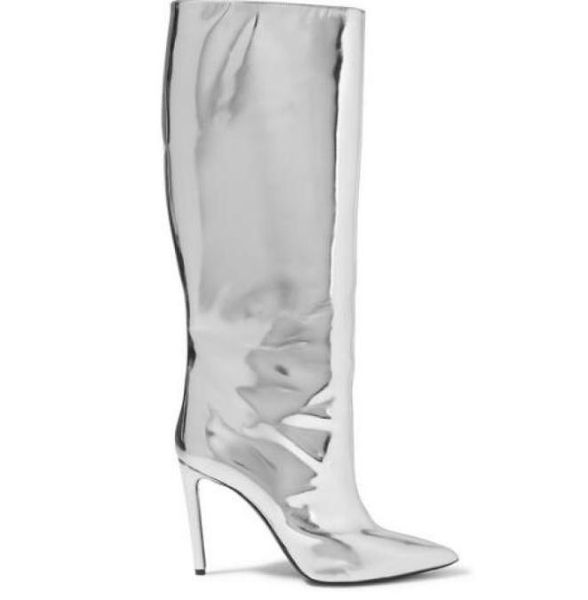 

designer shoes botas silver mirroredleather knee high boots pointed toe thigh high boots winter selling women boots1917264, Black