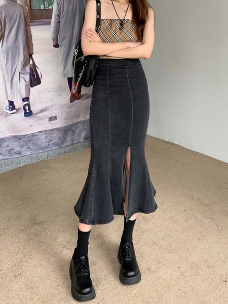 

skirts deeptown black denim long women vintage high waist split bodycon ruffles pencil mermaid midi summer japanese fashion 230420