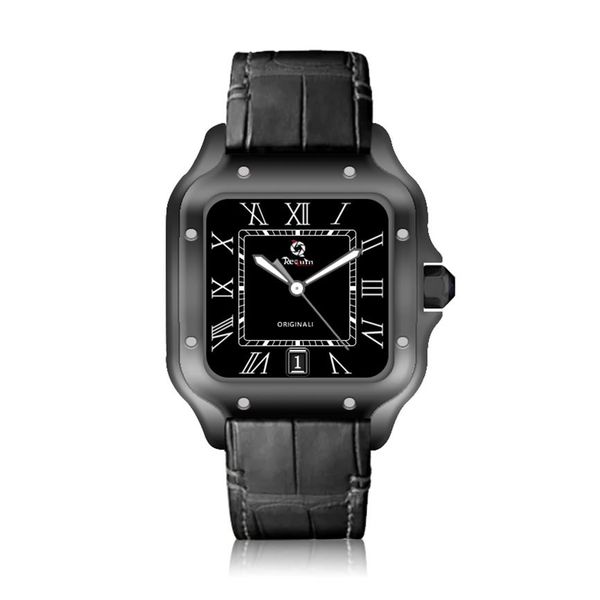

men's automatic mechanical watch requin santo black stainless steel case leather strap w2sa three-hand calendar sapphire dial220f, Slivery;brown