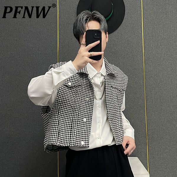 

men's vests pfnw spring autumn checker short sleeveless vest rivet buckle baggy fashion handsome high street leisure coats 28a2168 2304, Black;white