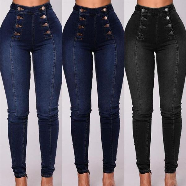 

jeans retro skinny doublebreasted high waist pencil jeans vintage women slim fit stretch denim pants full length denim tight trousers, Blue