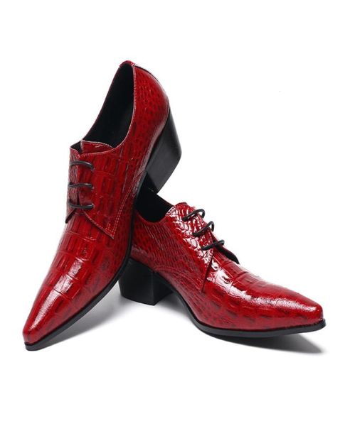 

british men dress shoes red pointed toe crocodile pattern leather shoes man lace up stylish wedding shoes3850075, Black