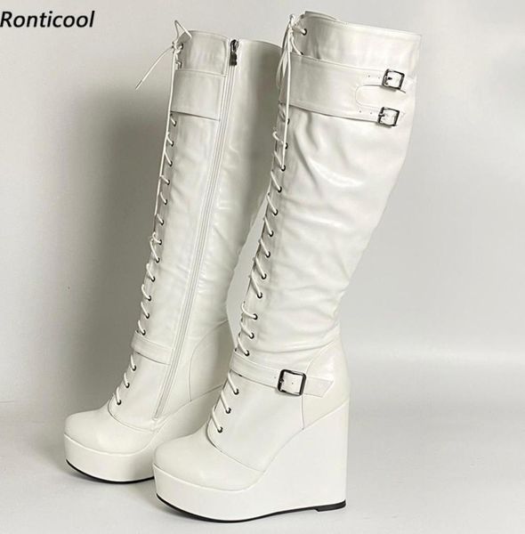 

rontic handmade women winter knee boots buckle full side zipper wedges heels round toe pretty white shoes plus us size 5208422094, Black