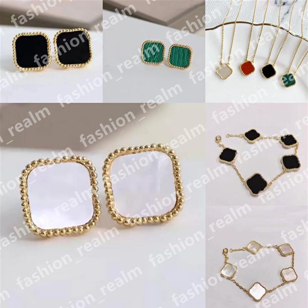 

four leaf clover earrings stud designer jewelry set luxury pendant necklaces link chain bracelets gold silver mother of pearl gree219i, Golden;silver