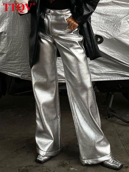 

women's pants s ttqv fashion silver pu leather 2023 elegant high waisted solid trousers spring casual straight full length 230419, Black;white