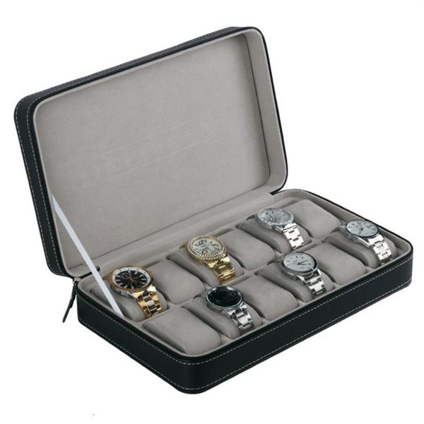 

protable 12 slots watch box storage case with zipper multi-functional bracelet watches display casket watches holder casket gray c294h, Black;blue