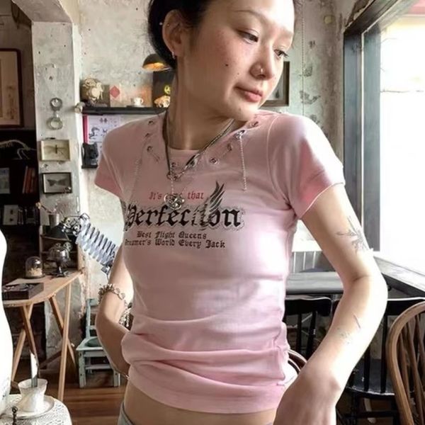 

women s t shirt japanese kawaii pink monogram print chain crop women summer y2k grunge fairy tale harajuku casual 2000s e girl 230420, White