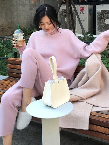 

dress spring winter knitted tracksuit turtleneck sweatshirts fashion women suit clothing 2 piece set pant female, White