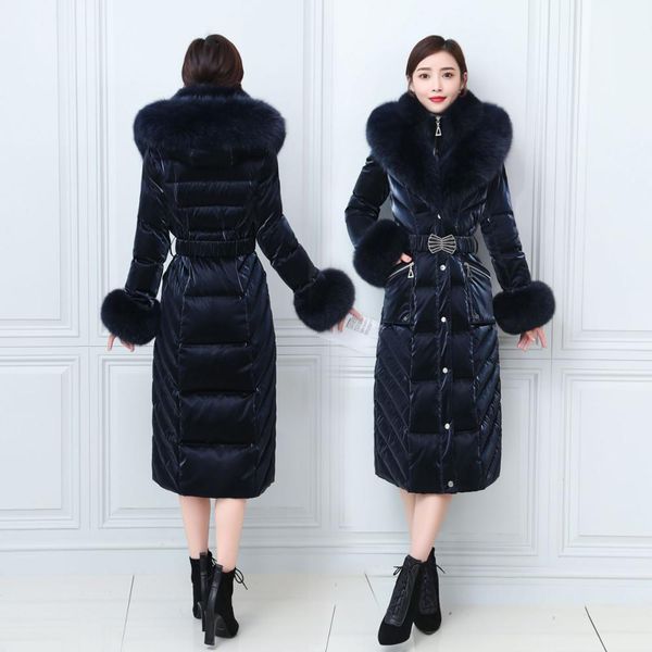 

parkas s 4xl winter fake two pieces long shiny down coat female thick warm waterproof fluffy down fur coats real fox fur hooded parkas, Black