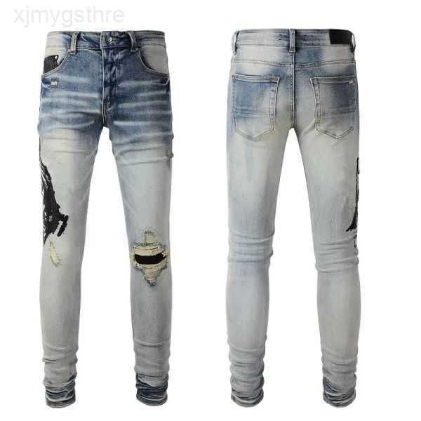 

mens jeans for guys rip slim fit skinny man pants orange star patches wearing biker denim stretch cult motorcycle trendy long straight hip h, Blue