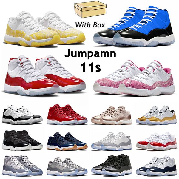

box with fashion jmpman 11 11s low mens womens basketball shoe cherry tour yellow snakeskin black blue cement grey cool grey citrus trainers