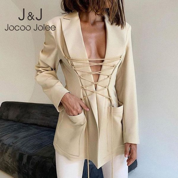 

pants female blazer women's suit jackets coat slim cardigan suit elegant fashion elegant lace up hollowed out leisure long sleeve, White
