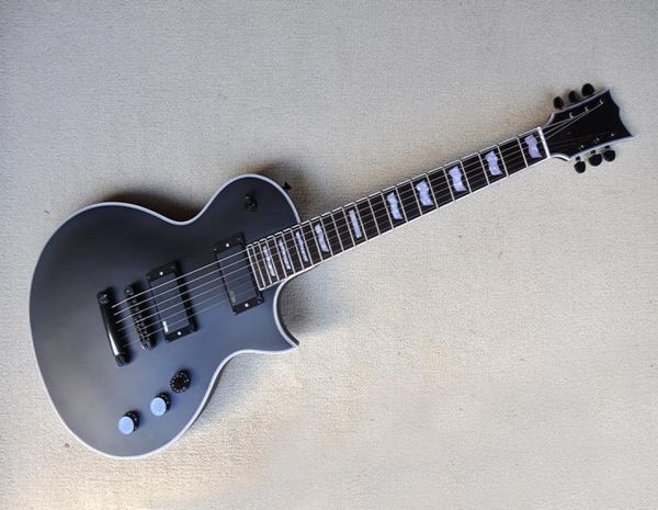 

factory custom matte black electric guitar with white binding and neckblack hardwarespearl fret inlayrosewood fretboardactive 8522417